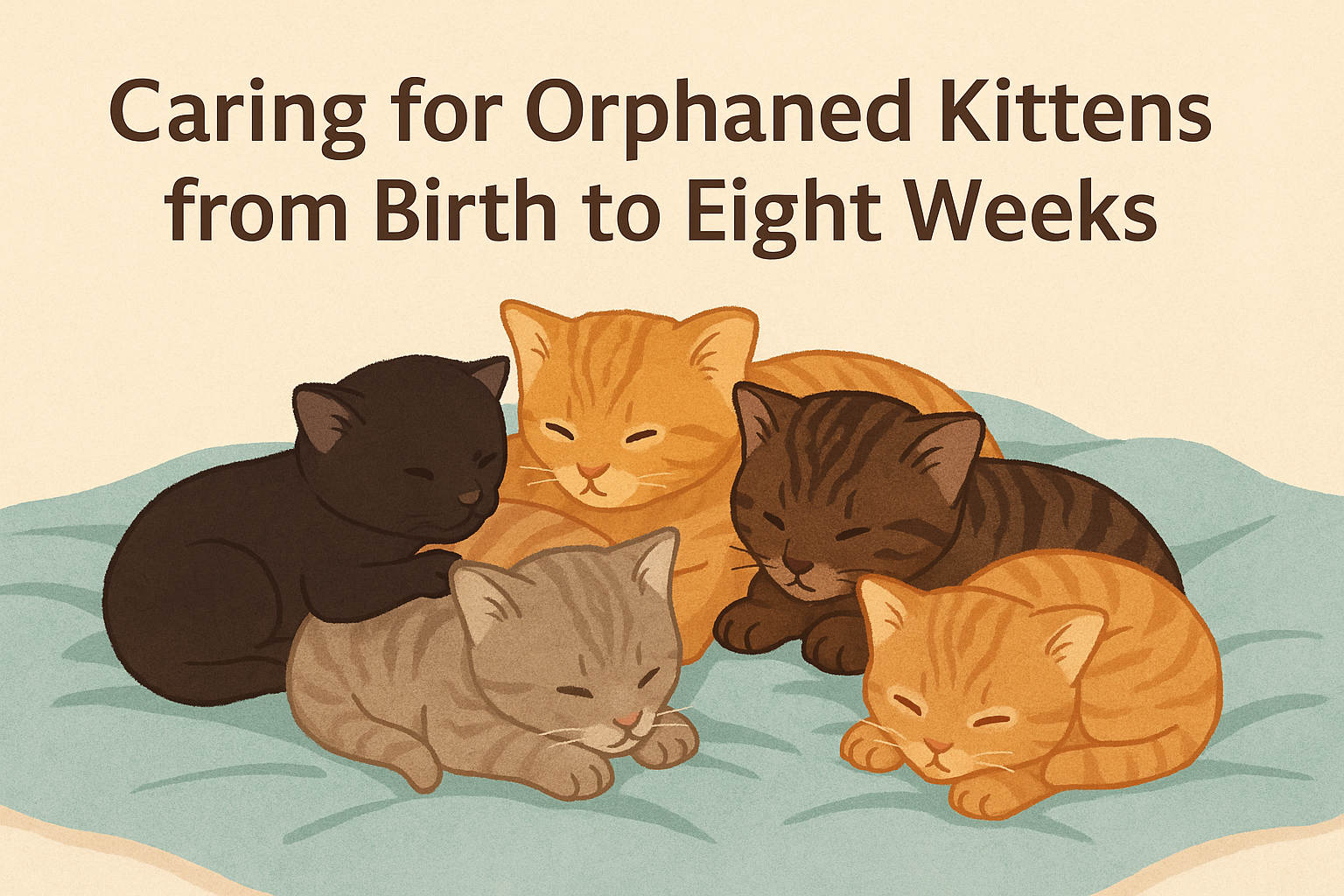 Illustration of several newborn kittens snuggled together on a blanket