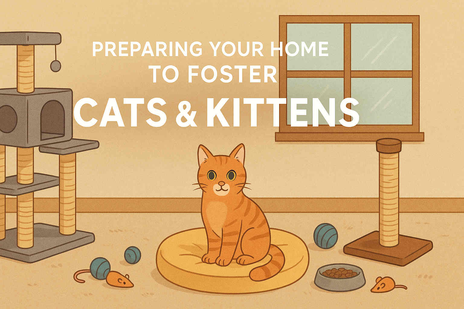 Cozy foster room with cat tree, scratch post and toys