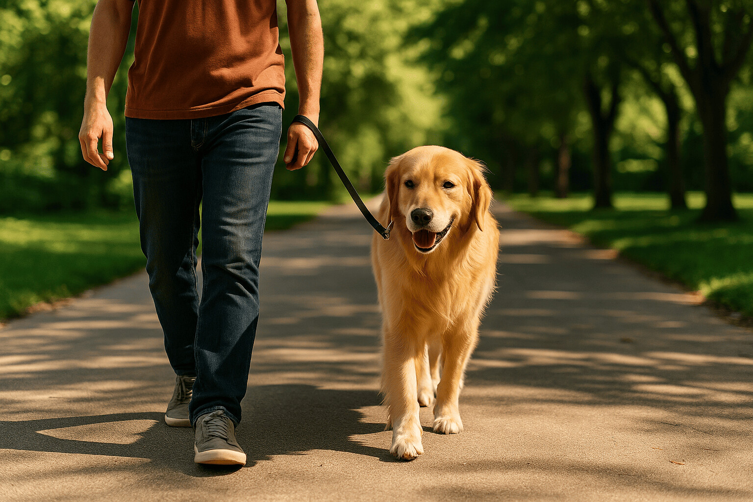 A relaxed dog heeling beside its person on a quiet path; loose leash and calm body language.